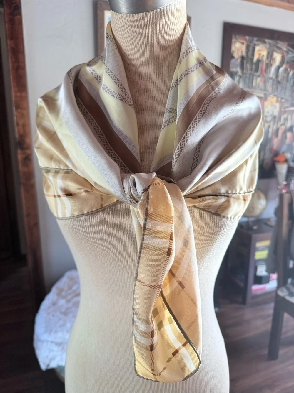 Burberry Beige and Cream Check Silk Scarf